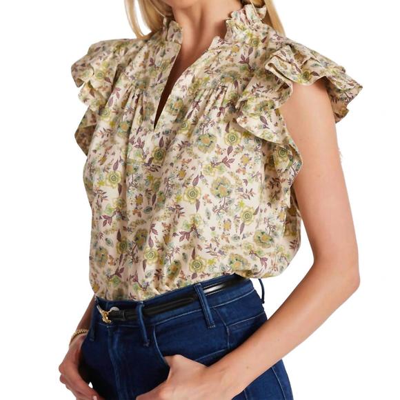 NEW BISHOP + YOUNG margarita poplin top in aster natural print - Picture 3 of 5